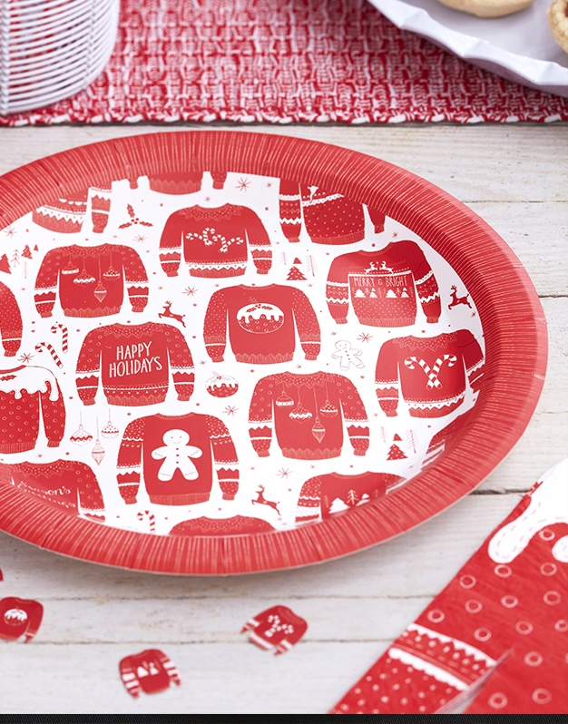 Platos papel Jerséis Navideños rojo y blanco son perfectos para decoraciones navideñas de ugly jumpers. ¡Descubrelo!
